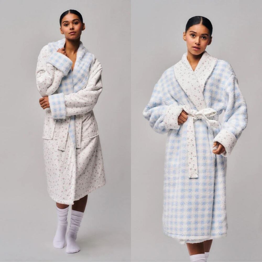 Guizo Cozy Cloud Reversible Robe Smal ? Medium Floral White Gingham NEW - Picture 2 of 16